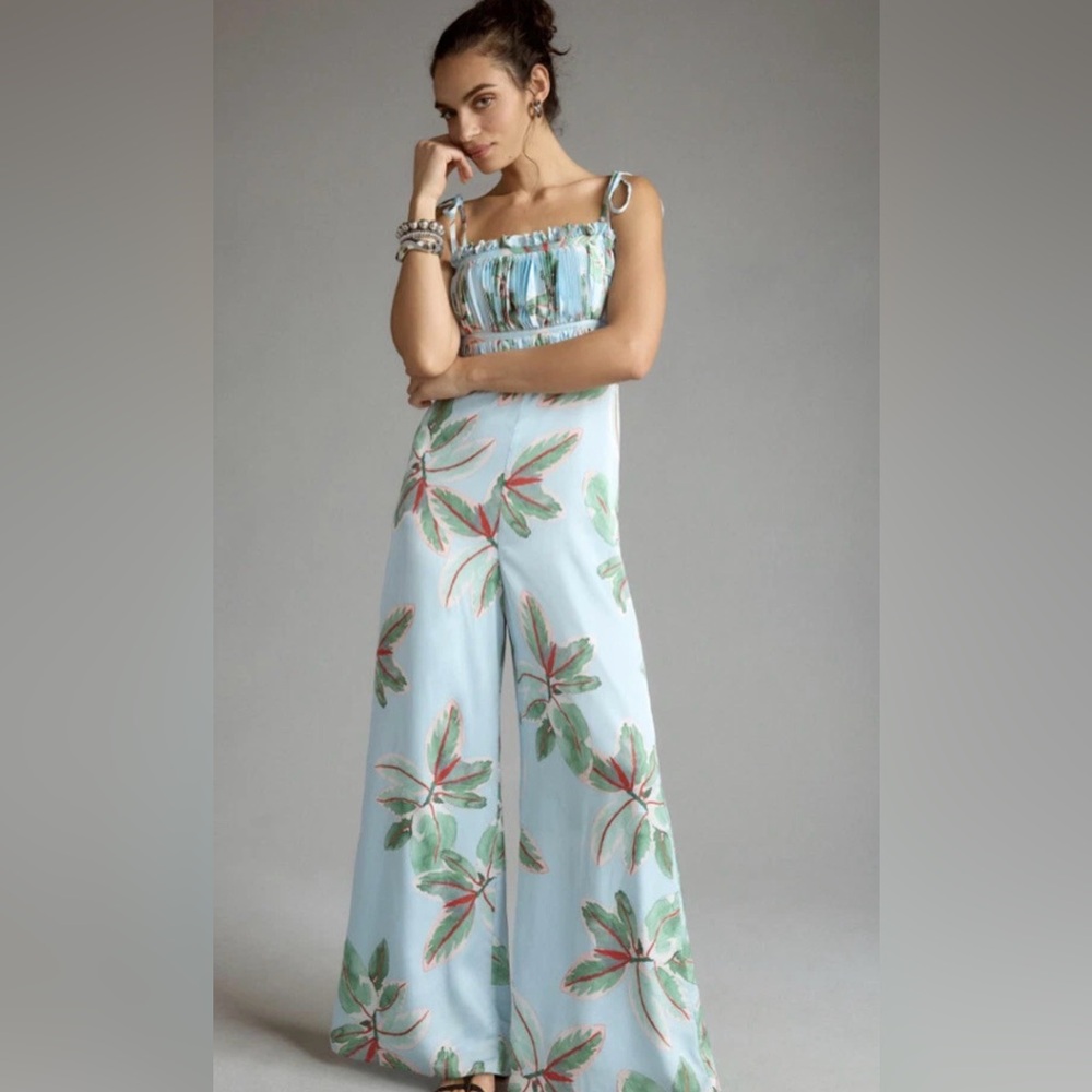 NWT Anthropologie Hutch Floral wide leg jumpsuit Size 10 Blue Tie Strap $198